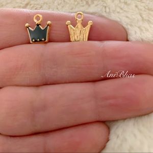 2 Black / Gold Tone Princess Crown Enamel Charms